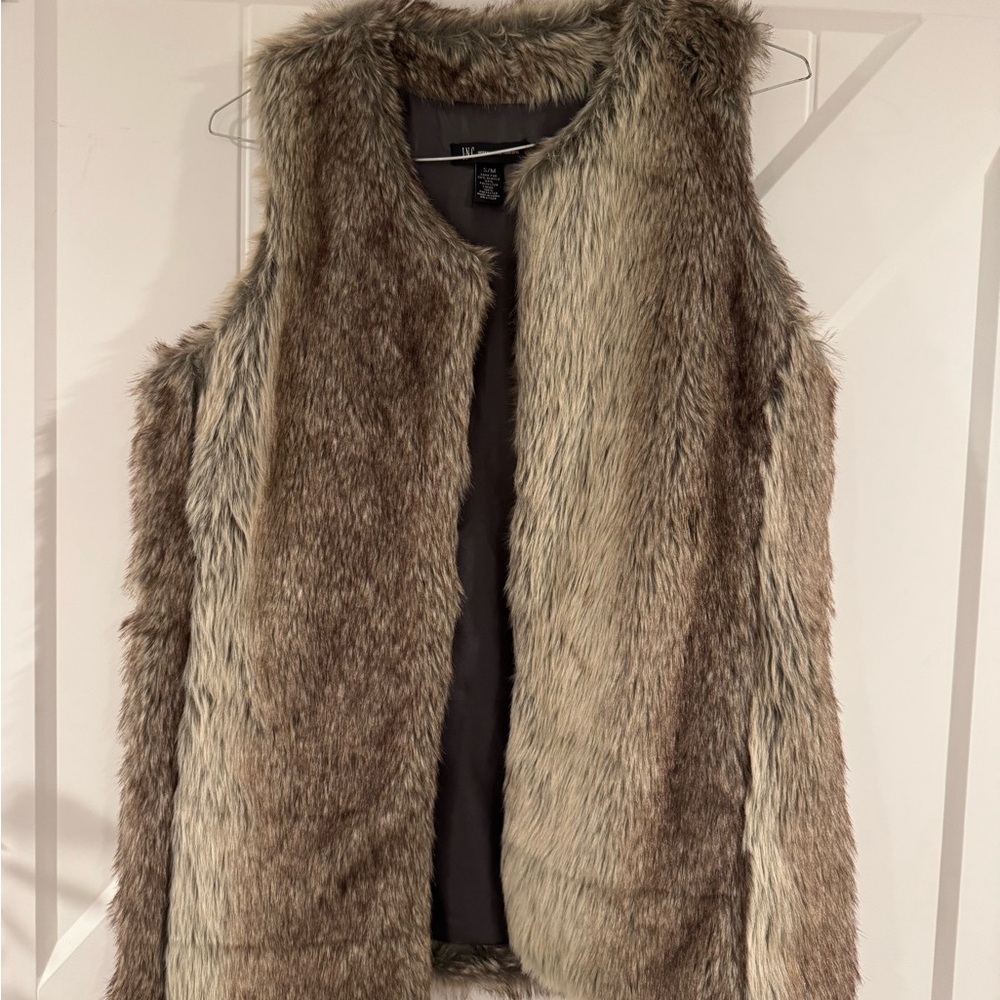 INC International Concepts Faux Fur Vest - Brown and Cream